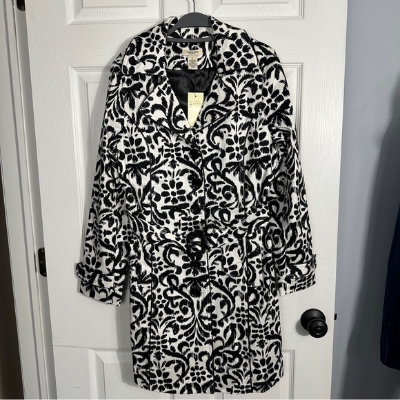 NEW Vertigo Paris black and white graphic trench coat, size Lg., belted, chic - Picture 1 of 14
